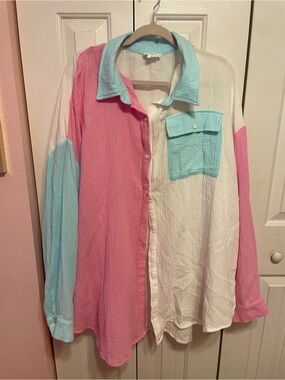 Plus Size Colorblock Button-Up Shirt - Pink, White & Light Blue